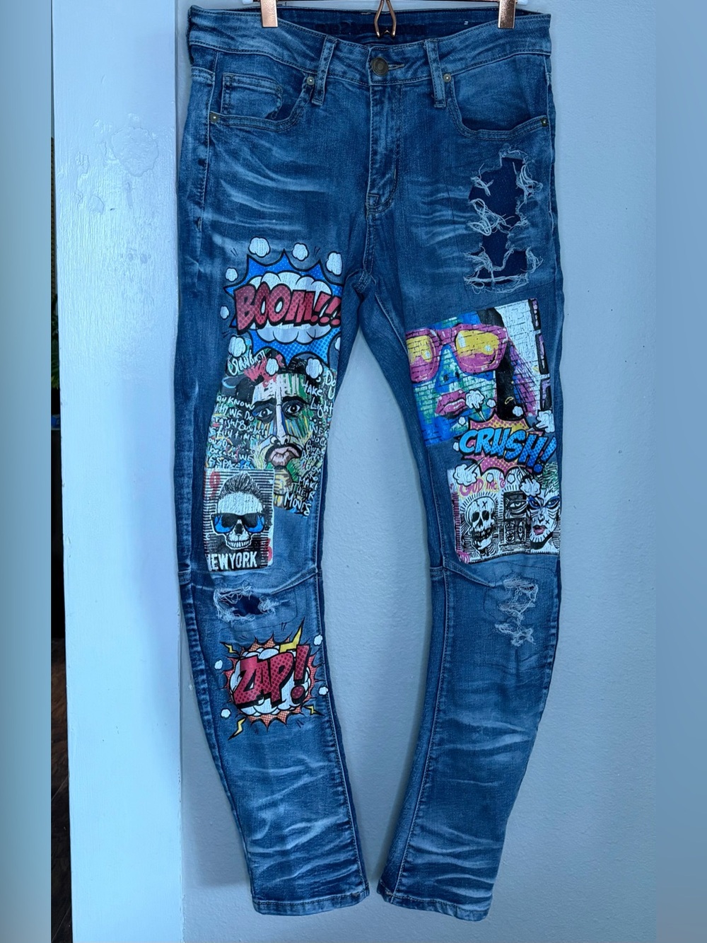 Rue21 Premium Comic Pop Art Blue Distressed Skinny Jeans Men 28 X30